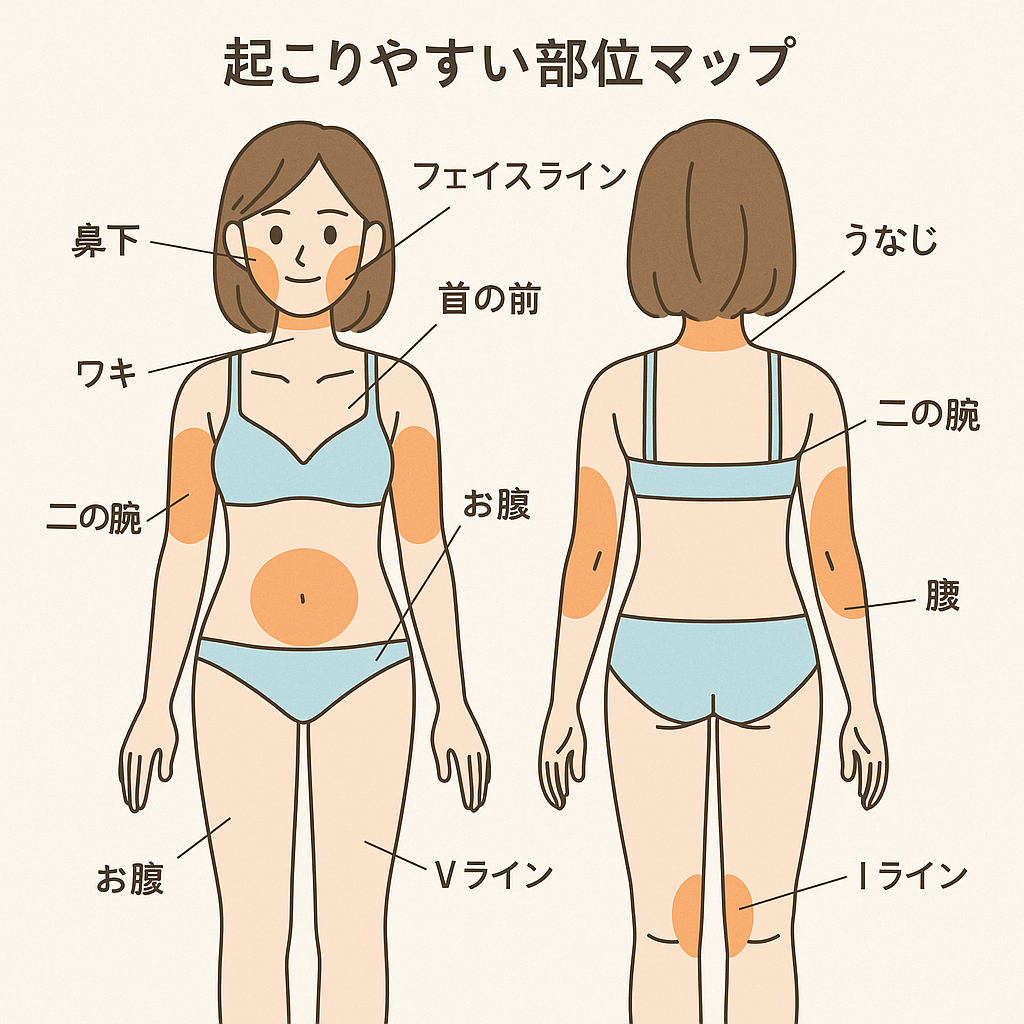硬毛化が起こりやすい部位の画像